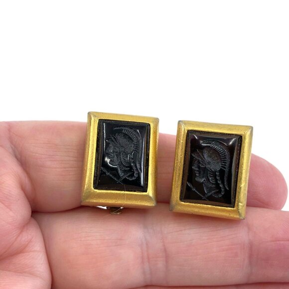 Clip On Earrings, Square Black Glass Intaglio Earrings, Vintage Clips - Picture 11 of 11
